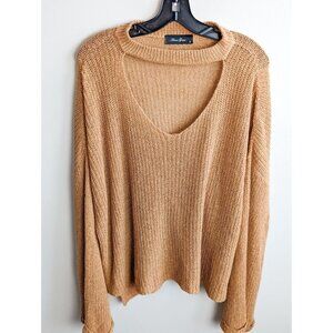 Anna Grace Cut Out Oversized Knit Sweater Tan Mustard Small